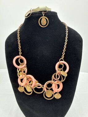 EsMor Pink Pastel Gold Ring Statement Bib Necklace & Earring Set Boho Mod Retro